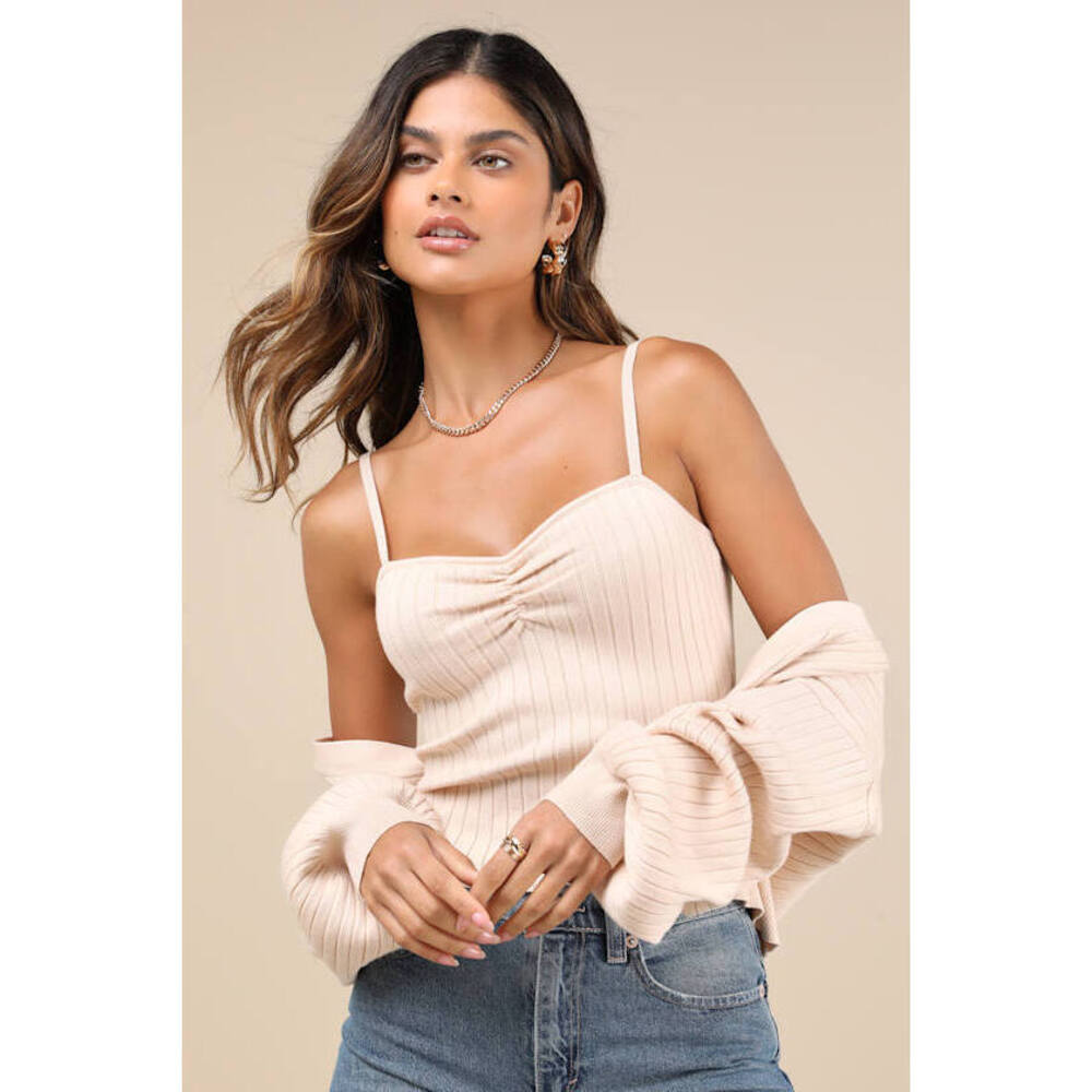 Lulus Cutest Duet Beige Knit Cami Top And Cardigan Sweater Set - Size L